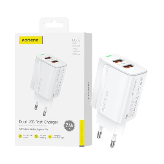 DUAL USB FAST CHARGER 2.4A FONENG EU63 BRANCO
