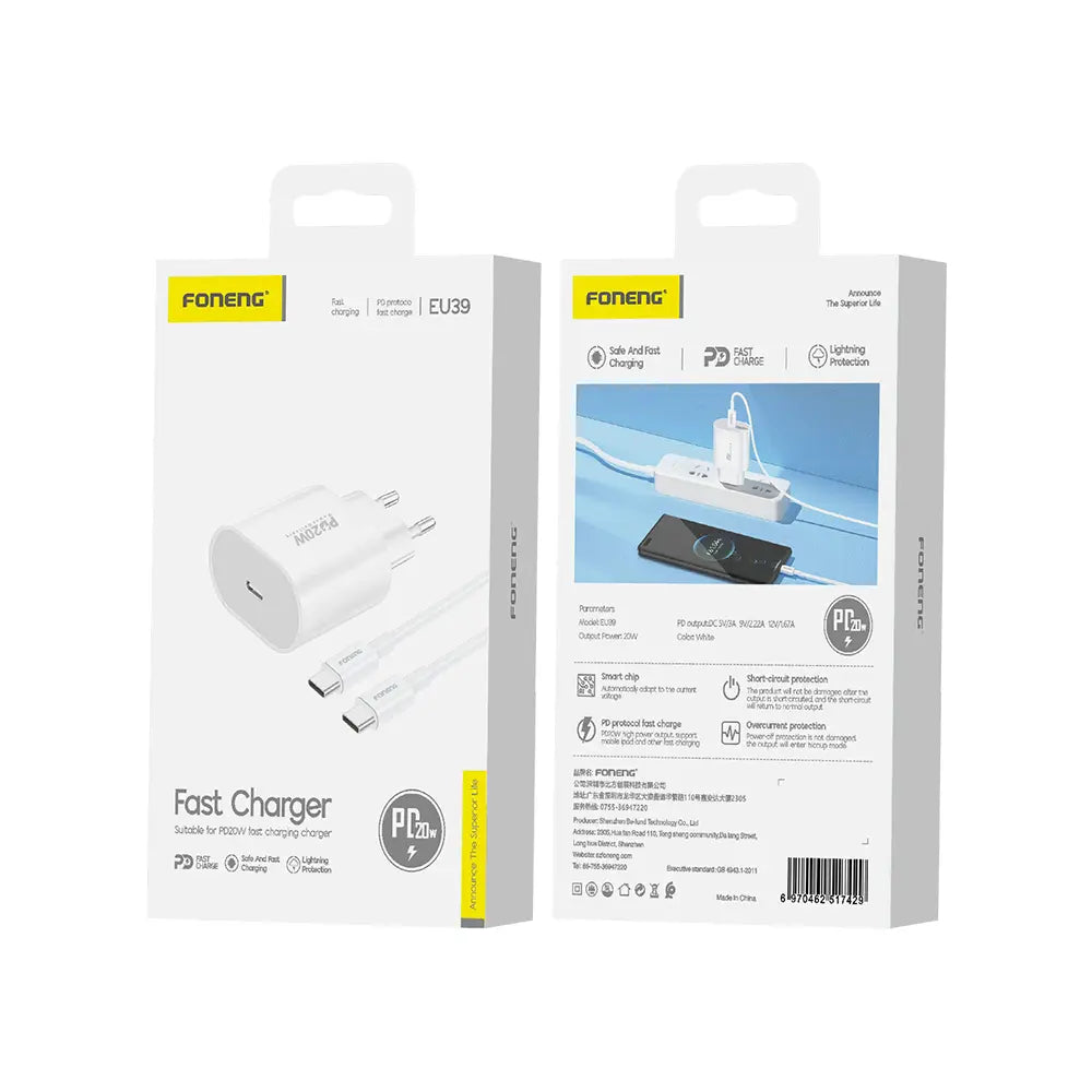 FAST CHARGER TYPE C 20W FONENG EU39 BRANCO C TO C
